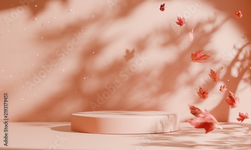 Circle podium stand on Autumn scene and red maple leaves. 3D rendering