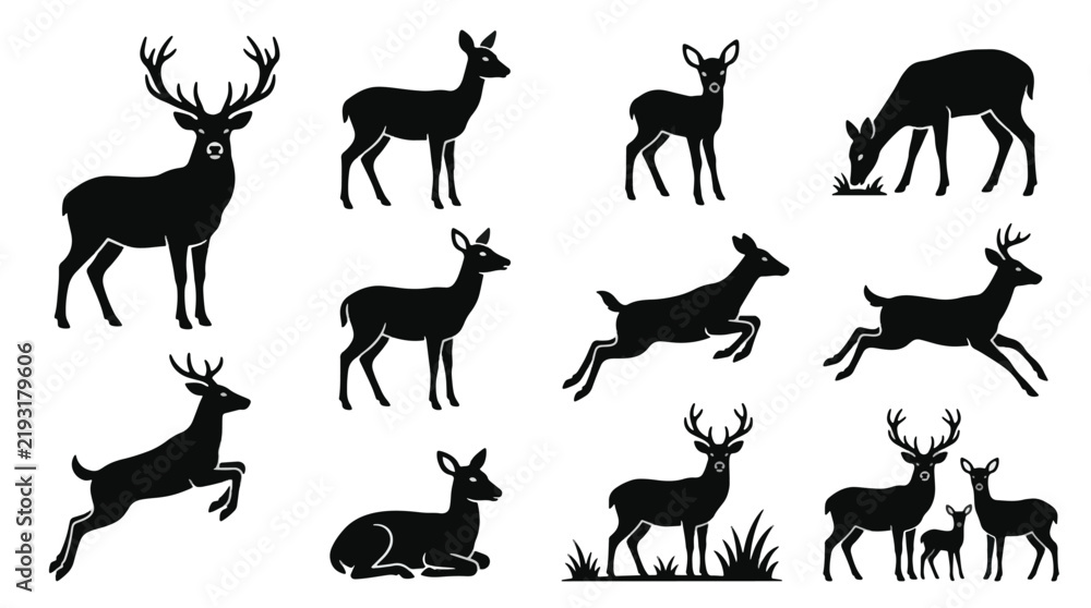 Fototapeta premium A collection of stylized deer silhouettes illustrates various poses and movements, showcasing the grace and beauty of these animals in nature.