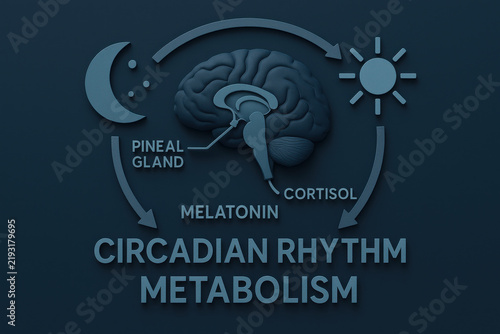 Circadian rhythm metabolism diagram displaying pineal gland, melatonin, cortisol pathway with brain anatomy on navy blue background for sleep health education