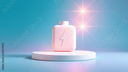 Pink battery icon sits atop white pedestal. Bright light flares above, creating dramatic presentation. Minimalist design, soft gradients.