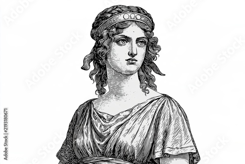 Vintage Engraving of Goddess Artemis in Ancient Greek Attire