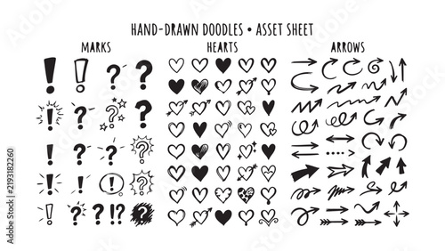 Hand Drawn Doodles Asset Sheet with Exclamation Marks Hearts and Arrows Vector Design and Illustration Elements for Graphic Projects