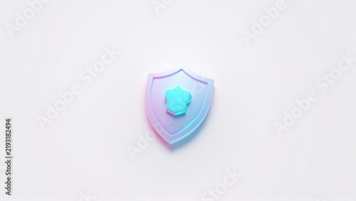 Shield icon displays vibrant blue, pink hues. Minimalist design, clean background creates modern aesthetic. Symbol represents security, protection.