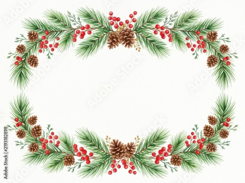 Watercolor christmas wreath with pine branches cones and red winter berries