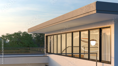 Foto 3D rendering of a contemporary home exterior featuring a spacious balcony, large sliding glass doors, and a glimpse of an interior spiral staircase under a twilight sky