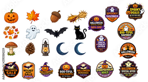Halloween sale badges vector set with spooky discount stickers, pumpkin, ghost, bat, black cat, fall leaves, and autumn symbols isolated on white background