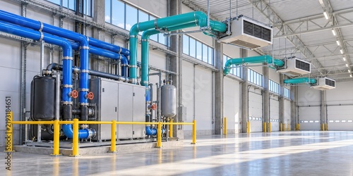 Industrial HVAC system with blue and green piping, large air conditioning units, and concrete flooring in a spacious warehouse environment