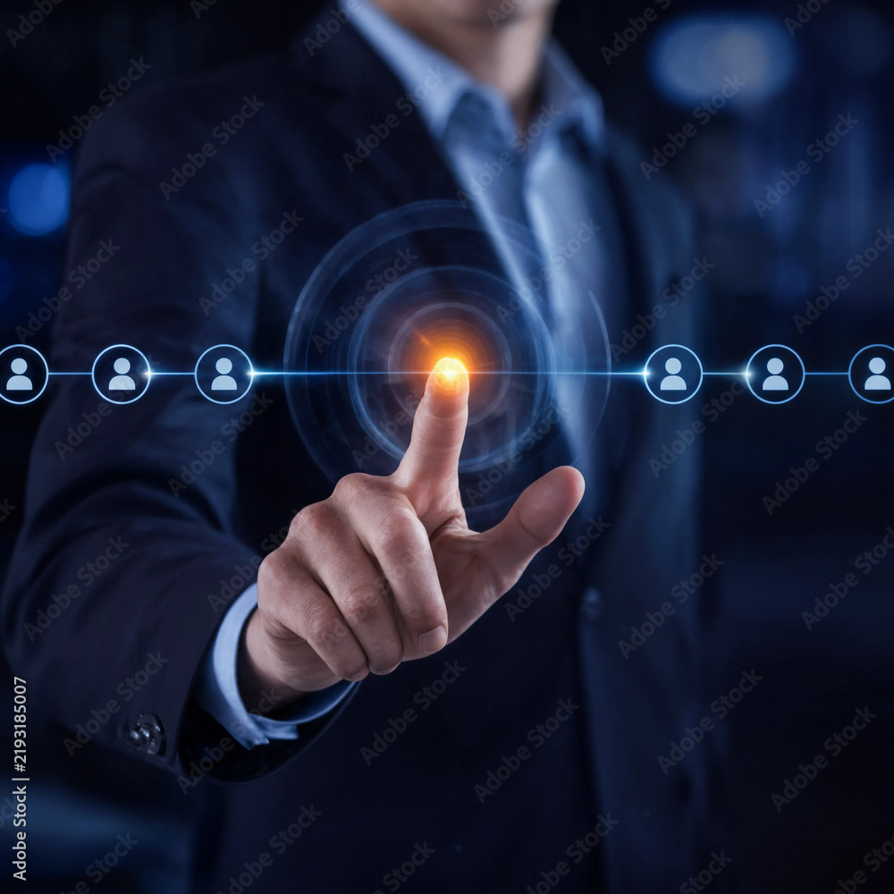 Obraz premium Businessman touching a glowing digital interface showing a global network of people connected online