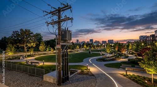 Urban Park Dusk Twilight Cityscape Power Pole Pathway Lighting Bench Trees