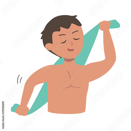 Young Man Drying Back with Towel After Bath