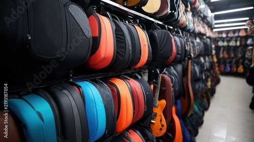 Musical instrument store interior view featuring a large variety of colorful guitar cases and gig bags neatly arranged on shelves for sale in a retail shop