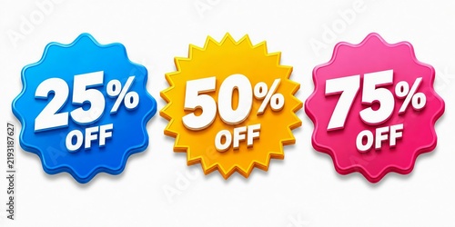 Colorful percentage discount sale badges with 25, 50, and 75 percent off text