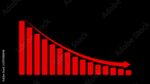Foto Red bar chart showing downward decline trend with a falling arrow on a black bac