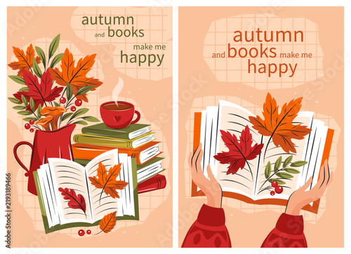 People reading books decorated with bright autumn leaves. Autumn and books make me happy. Set of vector illustrations for bookshop or library. 