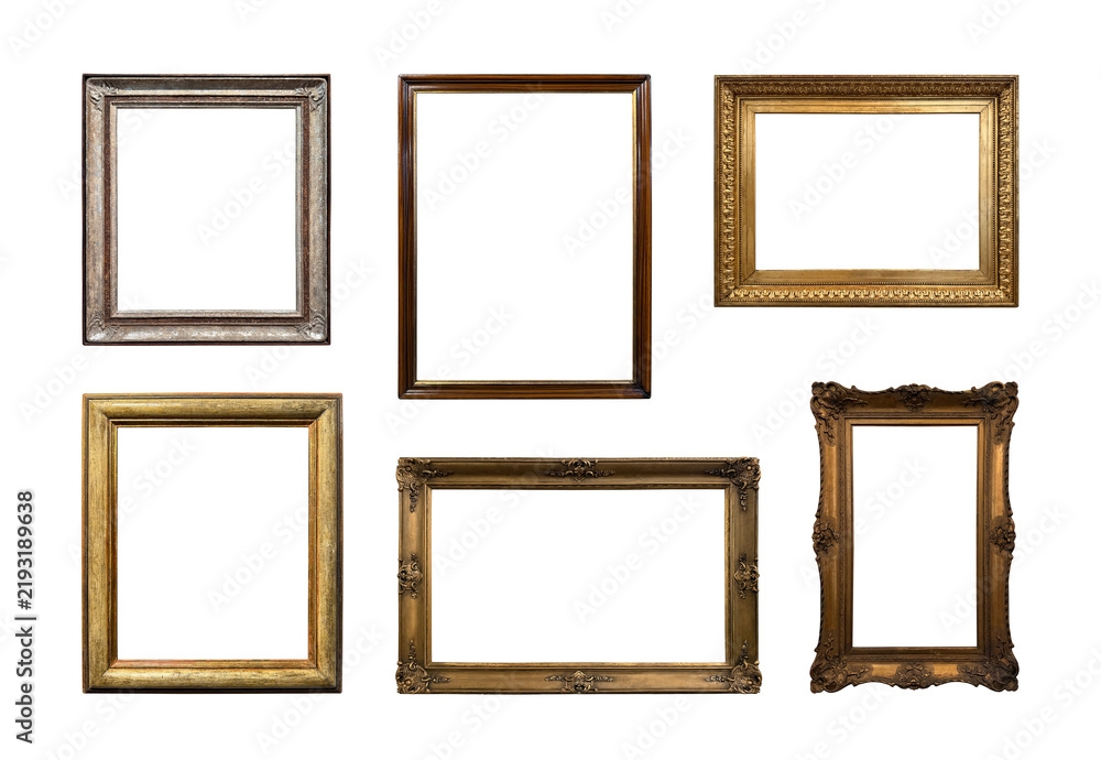Obraz premium Collection of antique gilded picture frames isolated on white background