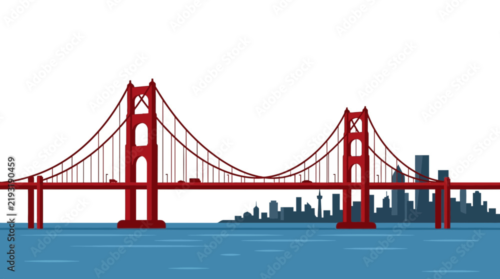 Fototapeta premium Red suspension bridge vector illustration spanning over blue water with a city skyline silhouette in the background, stylized architectural landscape with modern urban buildings.