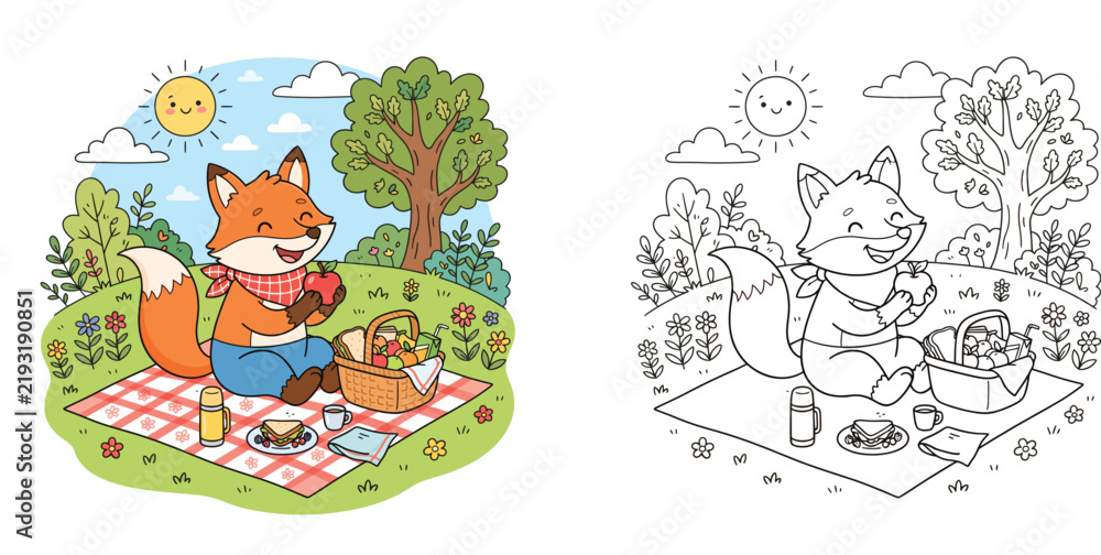 Fototapeta premium Cute Cartoon Fox Having a Picnic in a Sunny Park Illustration