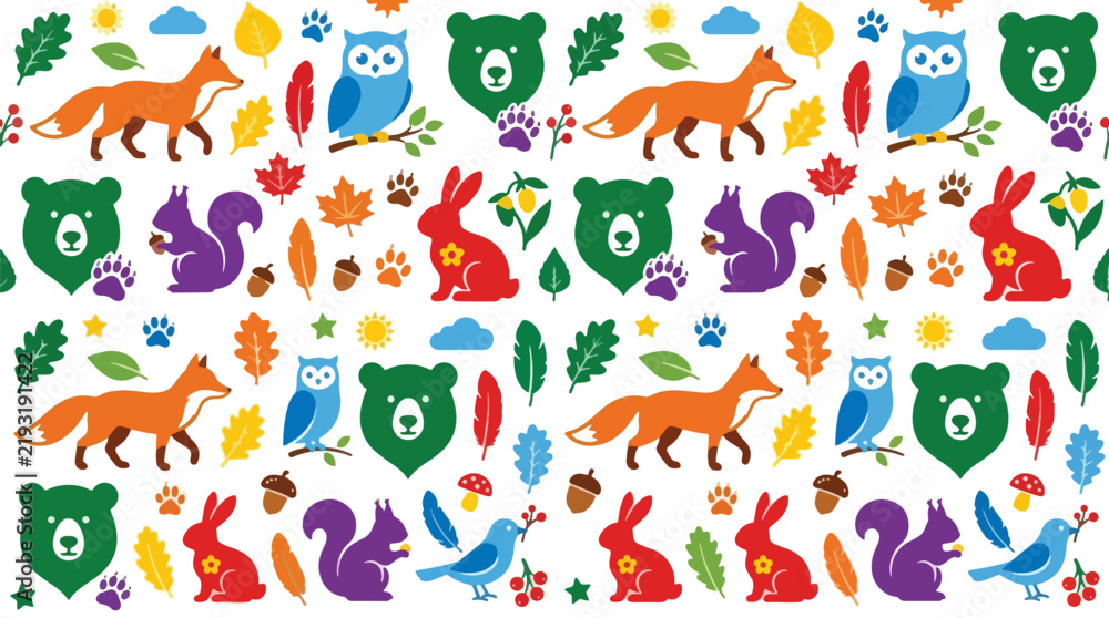 Obraz premium A vibrant array of woodland creatures and foliage creates a playful and colorful pattern, reflecting the beauty of nature in a whimsical design.
