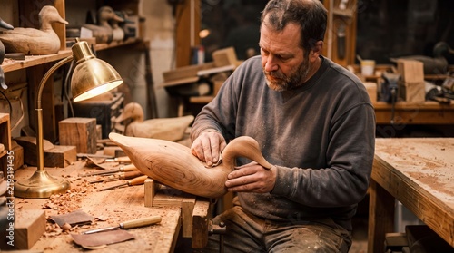 Hand-Carved Decoy Maker Sanding a Wooden Duck Decoy