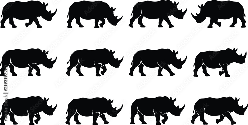 Obraz premium Set of black silhouettes of rhinoceros walking in different positions and postures