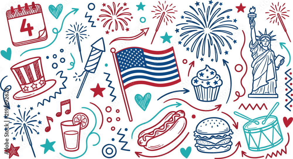 Obraz premium American Independence Day Celebration Illustration with Flag, Fireworks, Statue, Food, Drinks, Music, and Patriotic Decorative Elements