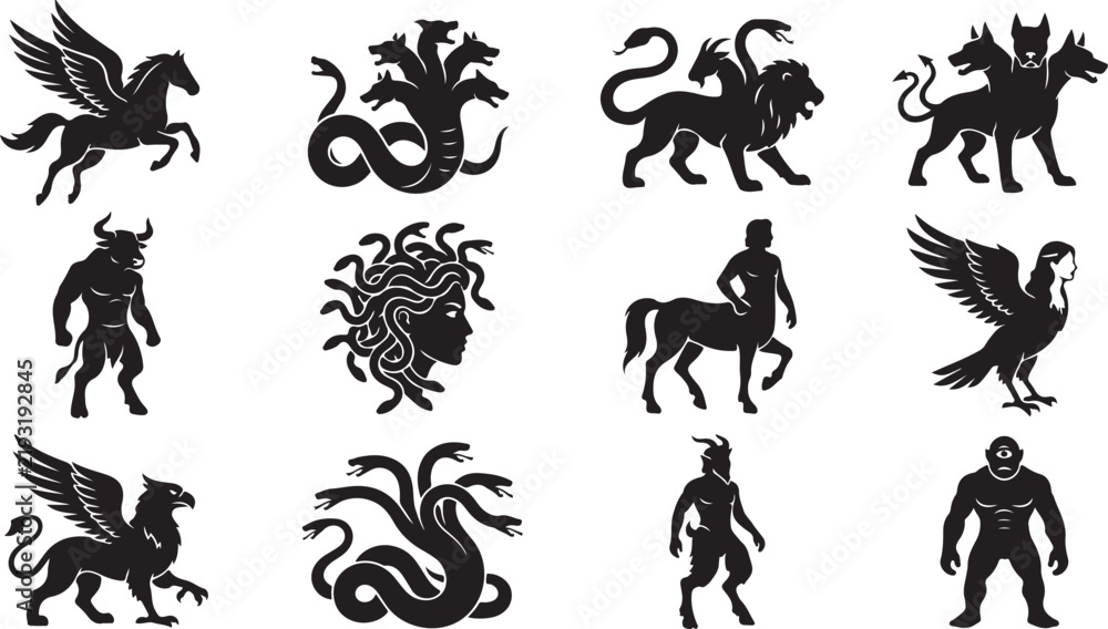 Fototapeta premium Collection of ancient greek mythology creatures and monsters silhouettes including pegasus, medusa, centaur, minotaur, and hydra