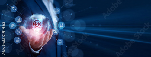 Foto Asset manager holding the hand glowing digital repository icon