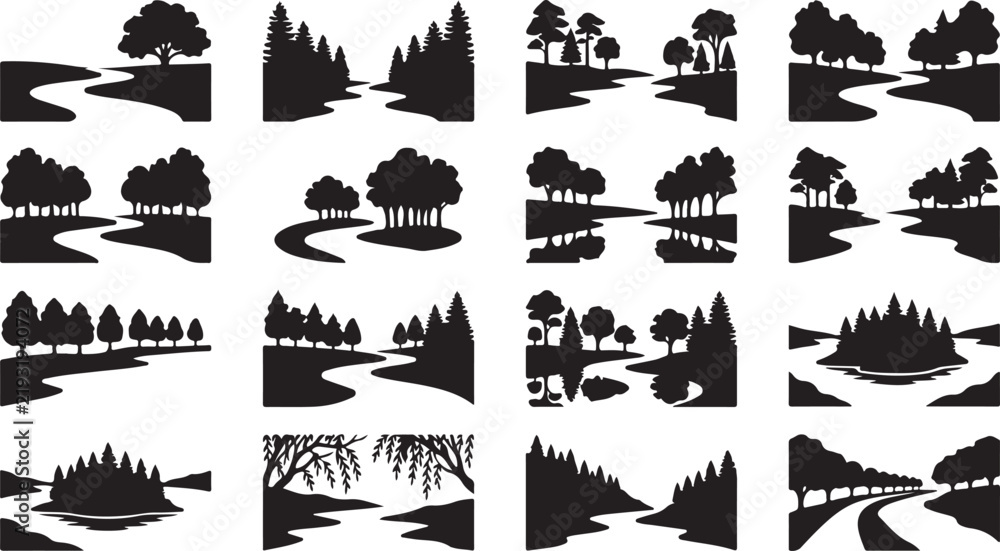 Fototapeta premium Set of twelve black and white landscape featuring winding rivers, deciduous trees, forest groves, reflections, and scenic countryside