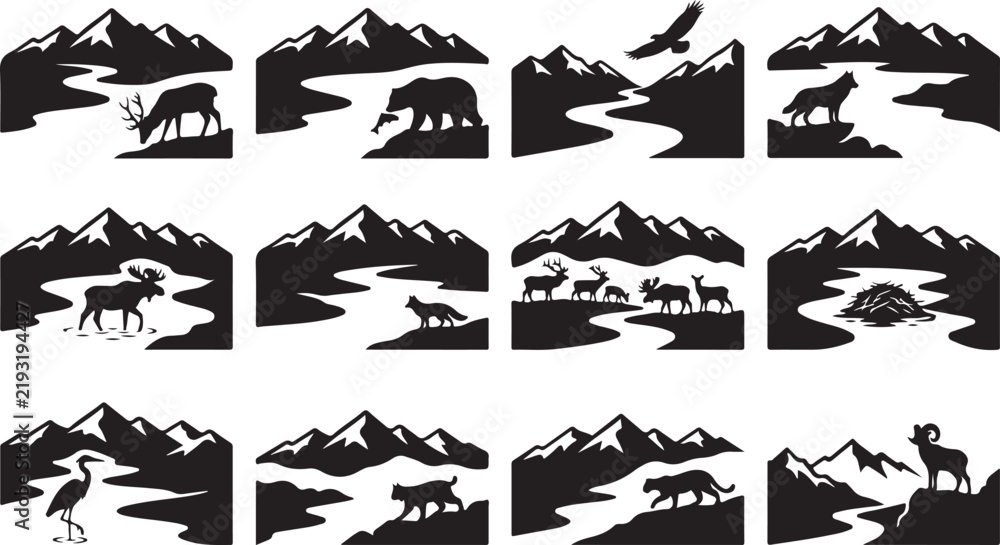 Fototapeta premium Twelve black and white of mountain landscapes with winding rivers and various wild animals like bears, deer, and eagles
