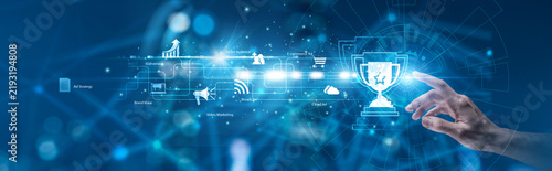 Online Marketing. Campaign manager pointing the hand at glowing target audience demographics and conversion tracking panel. Programmatic ad and media reach analytics.