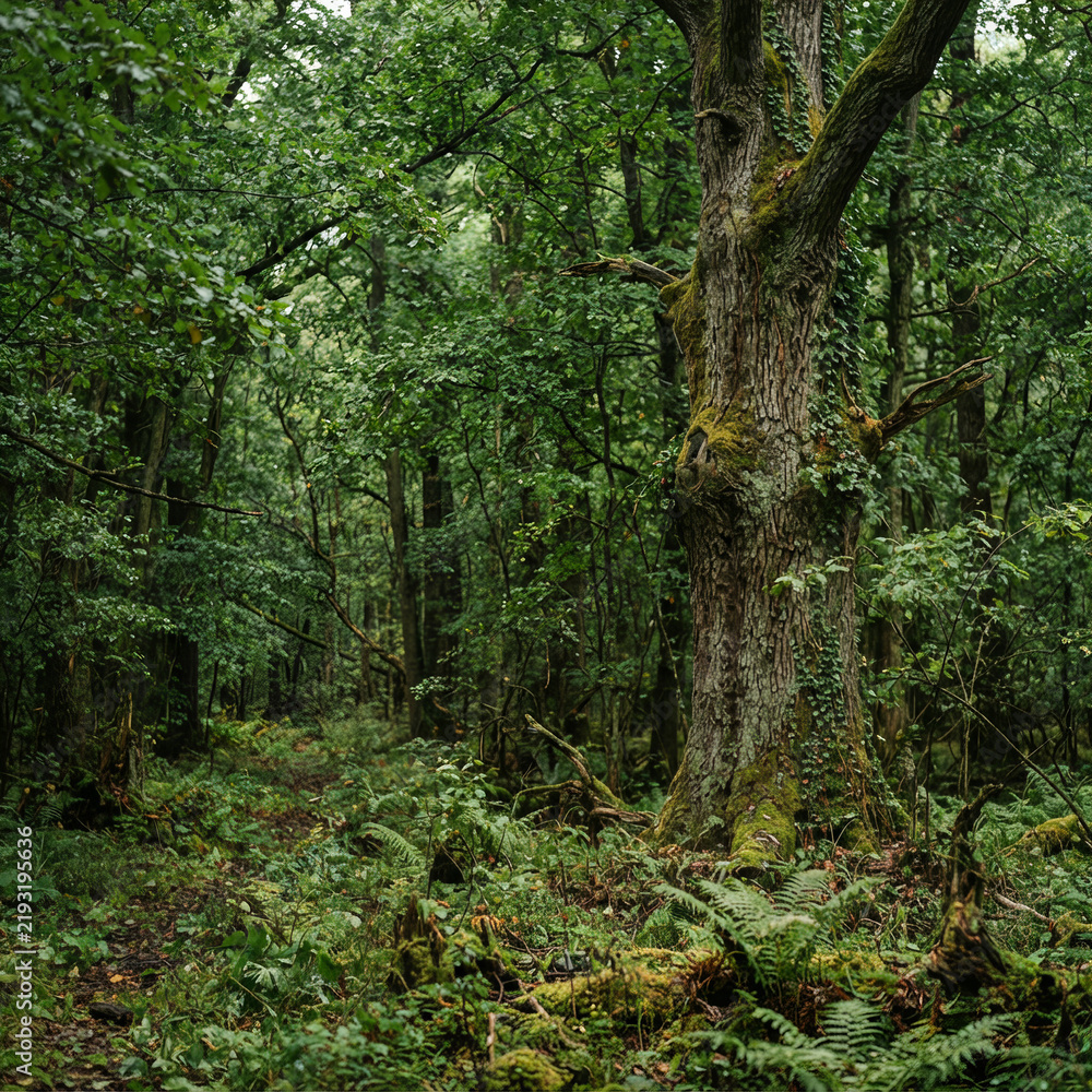 Fototapeta premium Large mossy tree trunk in the foreground of a fern filled green forest