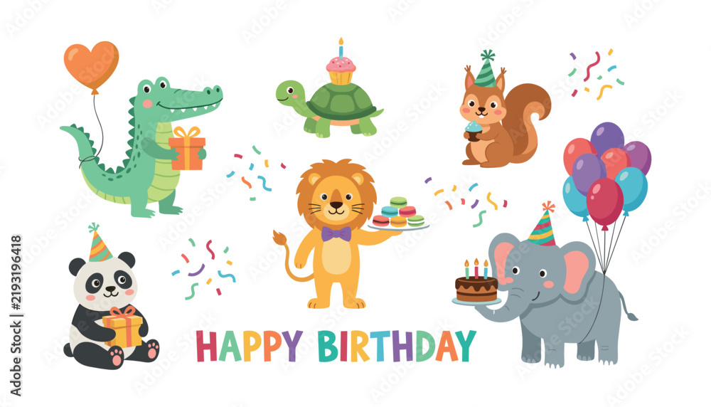 Obraz premium Cute happy birthday animals set with lion elephant crocodile turtle panda and squirrel cartoon character vector illustration isolated on white background