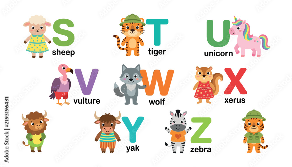 Obraz premium Cute cartoon animal alphabet letters S to Z set with tiger zebra unicorn vector illustration isolated on white background