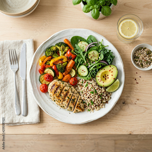 Balanced plate of grilled chicken brown rice and roasted mixed vegetables