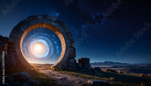 Ancient stone portal opening to a swirling galaxy