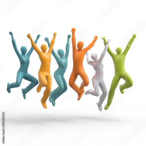 Joyful Celebration: A group of colorful, stylized human figures leap joyfully in the air, arms raised in a collective expression of elation and success. Their vibrant forms convey energy and optimism.