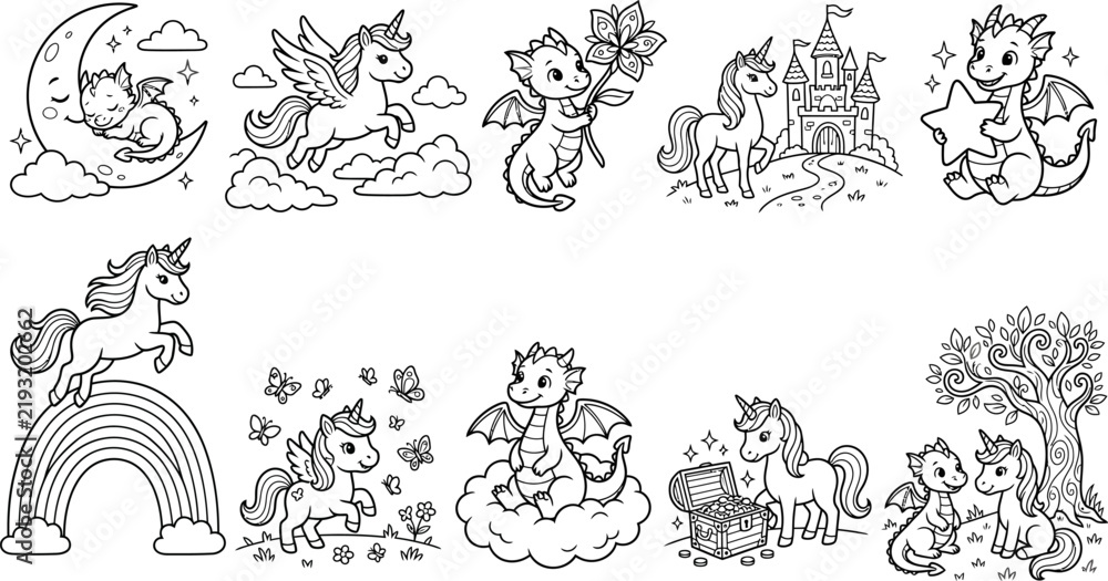 Obraz premium Cute fantasy dragons and unicorns coloring page vector set