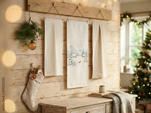 Linen winter scene cloths hanging from a beam beside a burlap stocking