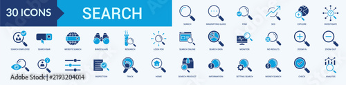 Search Icon Set Illustration Vector Flat Blue Style  Contains search, magnifying glass, find, seo, explore,