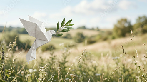 Origami paper bird carrying an olive sprig above a wide wildflower meadow