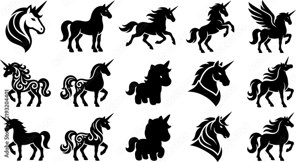 Fototapeta premium Majestic unicorn silhouettes and tribal pony vector icon set