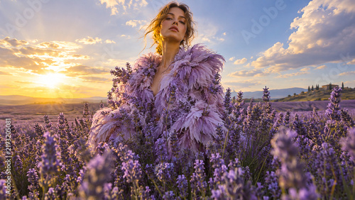 Fashion portrait of a woman in a lavender field at sunset wearing a purple feathered coat, ideal for beauty, fashion, travel, wellness and editorial advertising.
