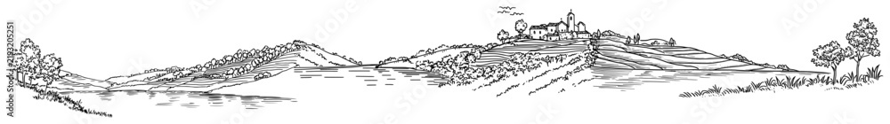 Obraz premium Rolling hills with terraced vineyards and hilltop village in panoramic line art style
