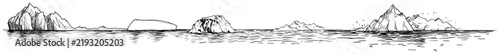 Floating icebergs and arctic landscape in the frozen ocean in hand drawn doodle style