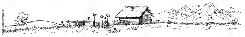Obraz premium Mountain landscape with wooden cabin and rural meadow in hand drawn sketch style