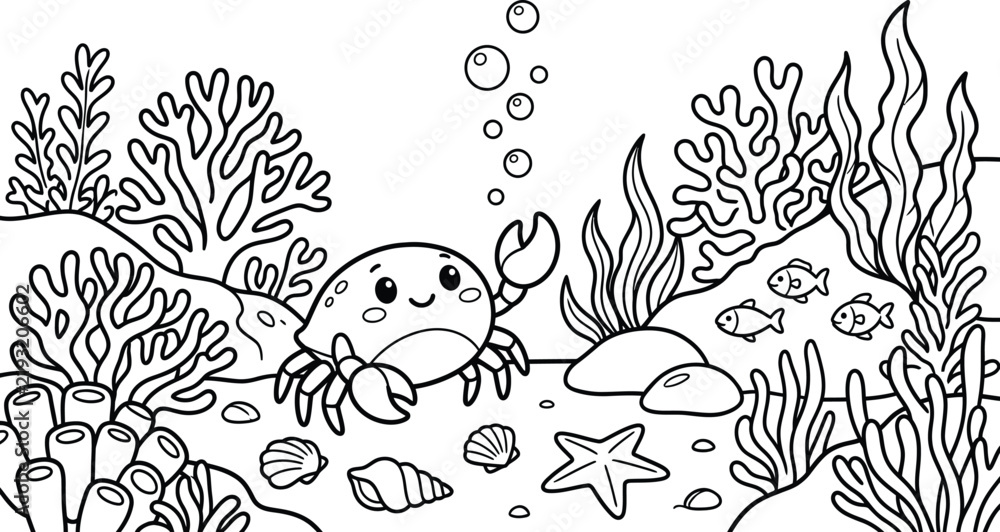 Fototapeta premium Dive into the ocean's depths a delightful underwater coloring page featuring a playful crab and marine life