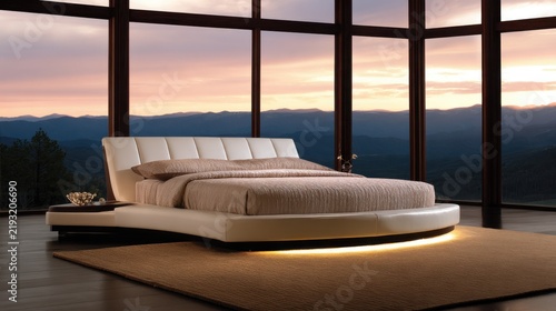 A modern bedroom with a sleek bed design, large windows showcasing a mountain sunset view