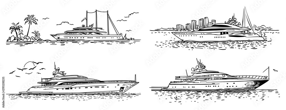 Obraz premium Luxury yachts and motorboats sailing near tropical islands and cityscapes in hand drawn sketch style