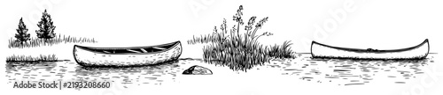Canoe on calm lake water with reeds and pine trees in hand drawn line art style