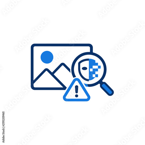 Fake Image Detection with Photo Analysis and Warning Magnifying Glass Icon